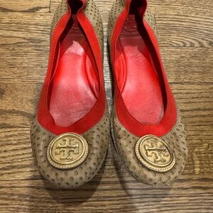 Tory Burch Brown Flats with Red Trim